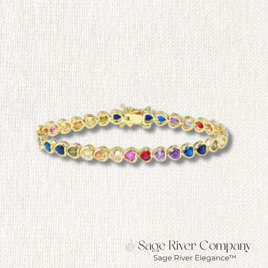 Chic gold tennis bracelet with heart-shaped rainbow CZ stones and secure clasp – Sage River Company