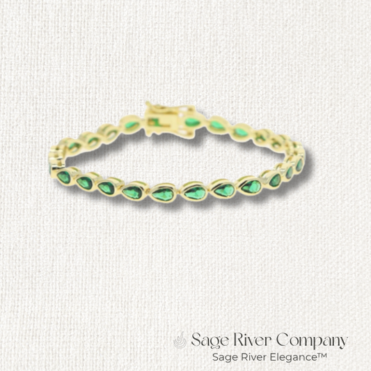 Gold teardrop tennis bracelet with vibrant emerald green CZ stones, elegant 5A brilliance – Sage River Company
