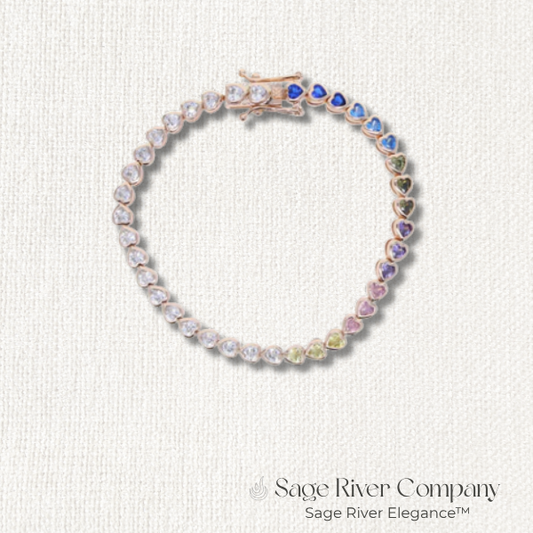 Rose gold heart tennis bracelet with multicolor CZ stones, radiant 5A sparkle – Sage River Company