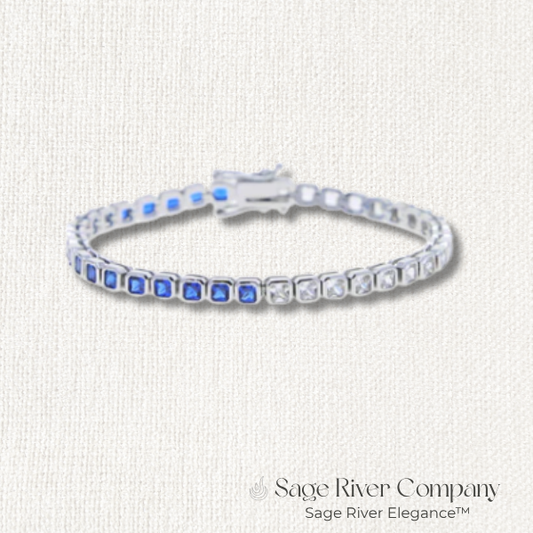 Elegant silver tennis bracelet with square-cut blue 5A CZ stones and secure clasp – Sage River Company