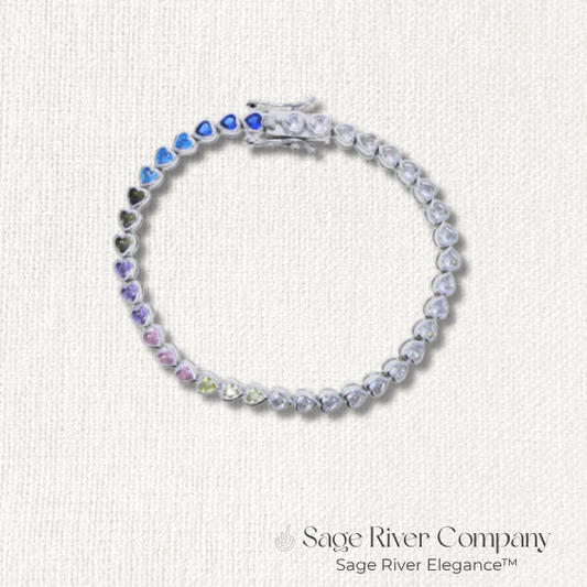 Chic silver tennis bracelet with heart-shaped rainbow CZ stones and secure clasp – Sage River Company