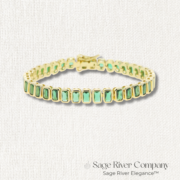 Gold tennis bracelet with emerald-cut green CZ stones and secure box clasp – Sage River Company