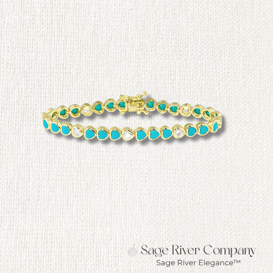 Gold heart tennis bracelet with vibrant turquoise CZ stones, 5A quality sparkle – Sage River Company